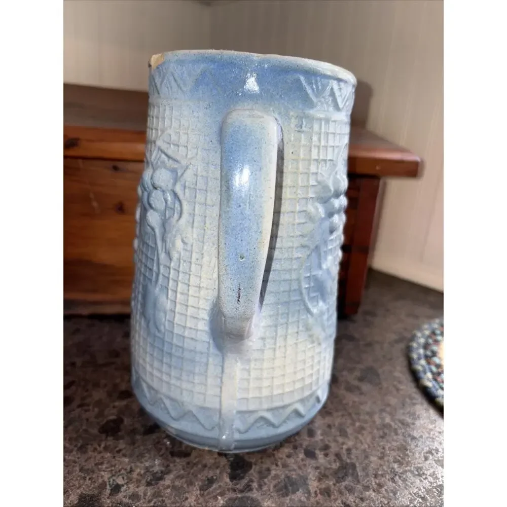 Antique Brush McCoy Salt Glazed Stoneware Pitcher w/ Blue Grape & Lattice